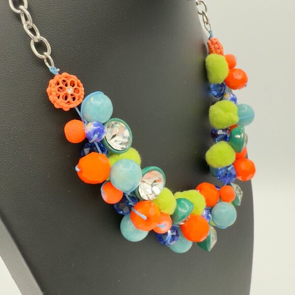 Bright Colorful Beaded Pom Pom Cha Cha Necklace Orange Green Blue Rhinestones - Picture 2 of 13